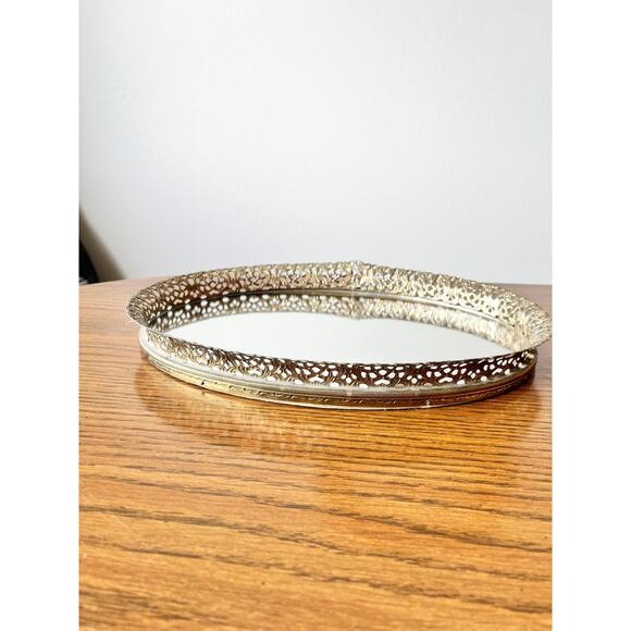 Vintage Brass Floral Filigree Mirrored Vanity Tray: Art Nouveau Organizer - Picture 5 of 6